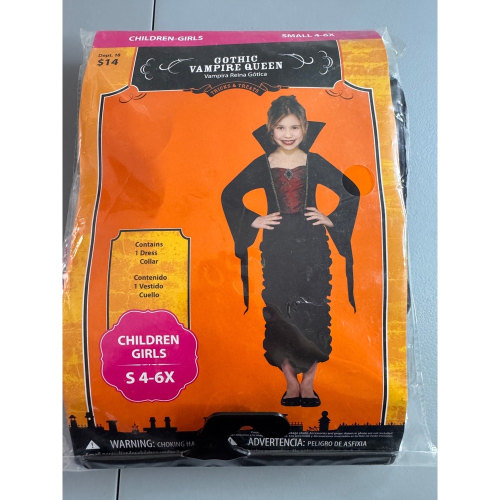 Tricks & Treats Costume Girls S 4-6X Black NWT Gothic Vampire Queen Dress Collar